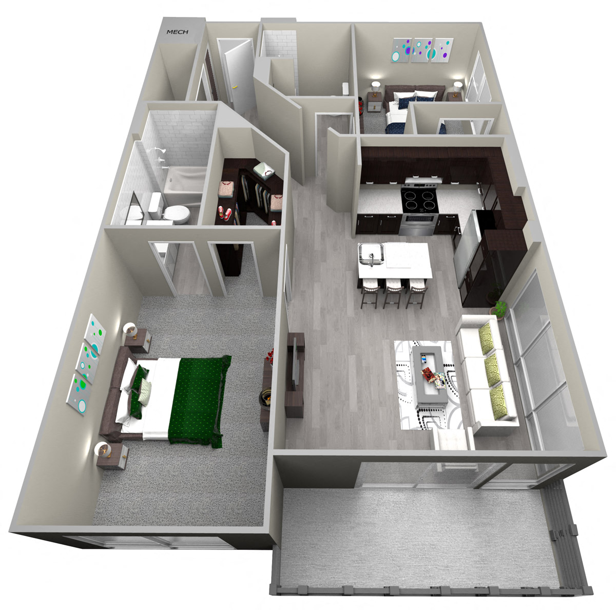 Floor plan for 2 beds, 2 baths, 1227 sqft